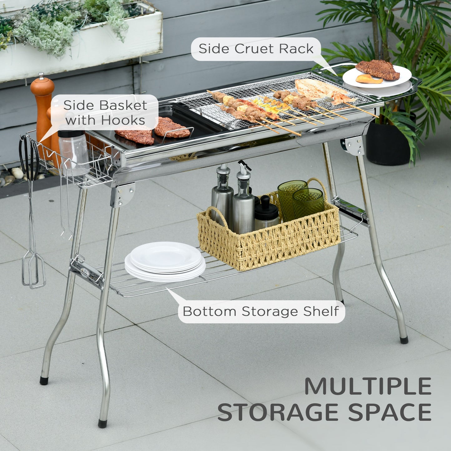 Outsunny Charcoal Grill, Stainless Steel Portable Folding BBQ, Outdoor Hibachi for Backyard Cooking, Camping, Picnic, Party, Tailgating and Travel with Pan, Grill Rack, Shelves, and Hooks