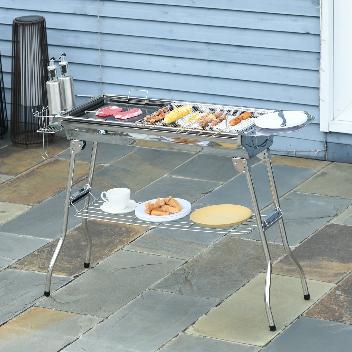 Outsunny Charcoal Grill, Stainless Steel Portable Folding BBQ, Outdoor Hibachi for Backyard Cooking, Camping, Picnic, Party, Tailgating and Travel with Pan, Grill Rack, Shelves, and Hooks