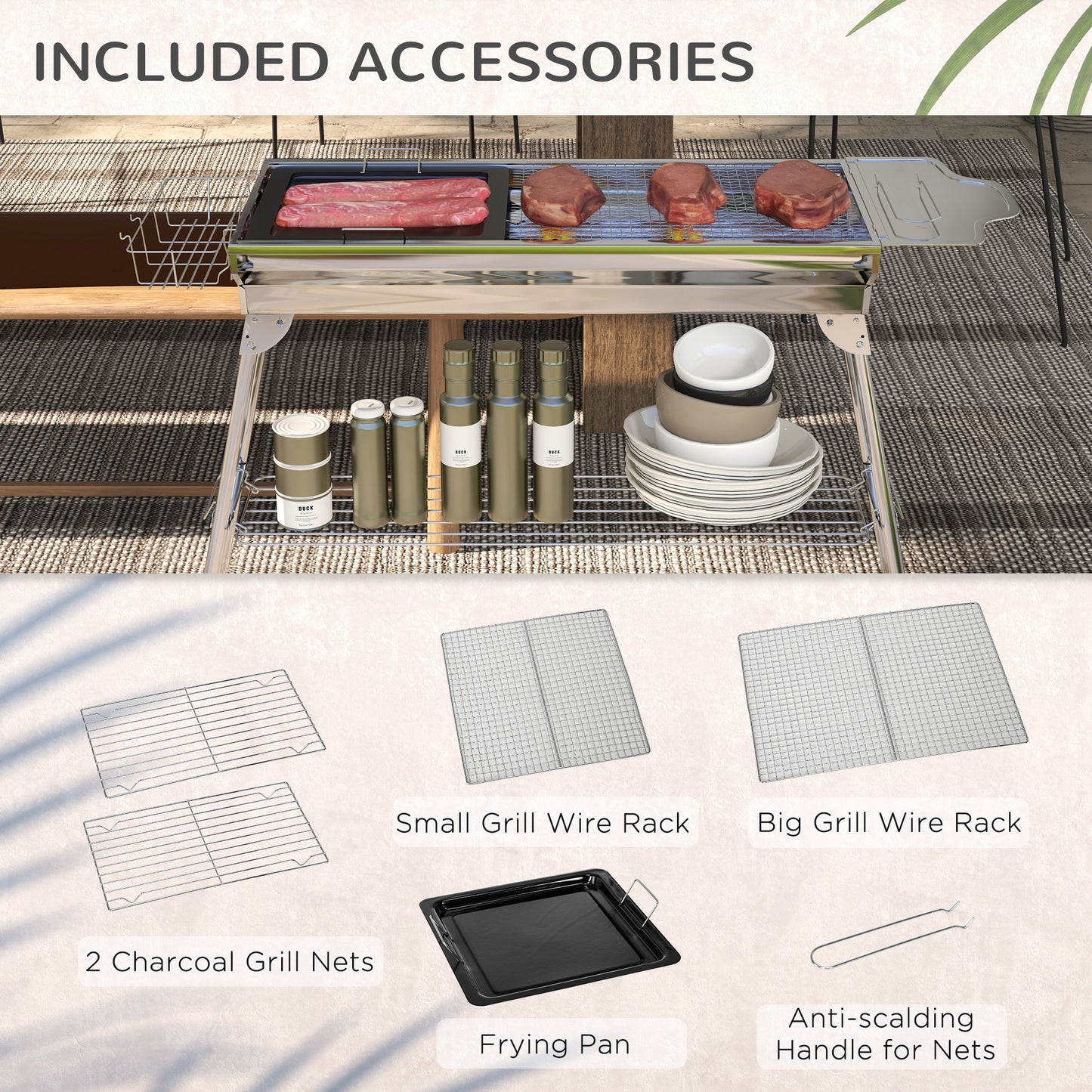 Outsunny Charcoal Grill, Stainless Steel Portable Folding BBQ, Outdoor Hibachi for Backyard Cooking, Camping, Picnic, Party, Tailgating and Travel with Pan, Grill Rack, Shelves, and Hooks