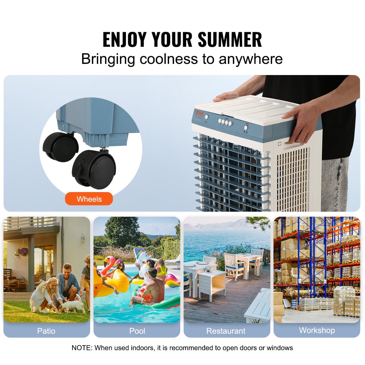 VEVOR Evaporative Air Cooler, Oscillating Swamp Cooler with Adjustable 3 Speeds, Portable Air Cooler for Indoor/Outdoor Use
