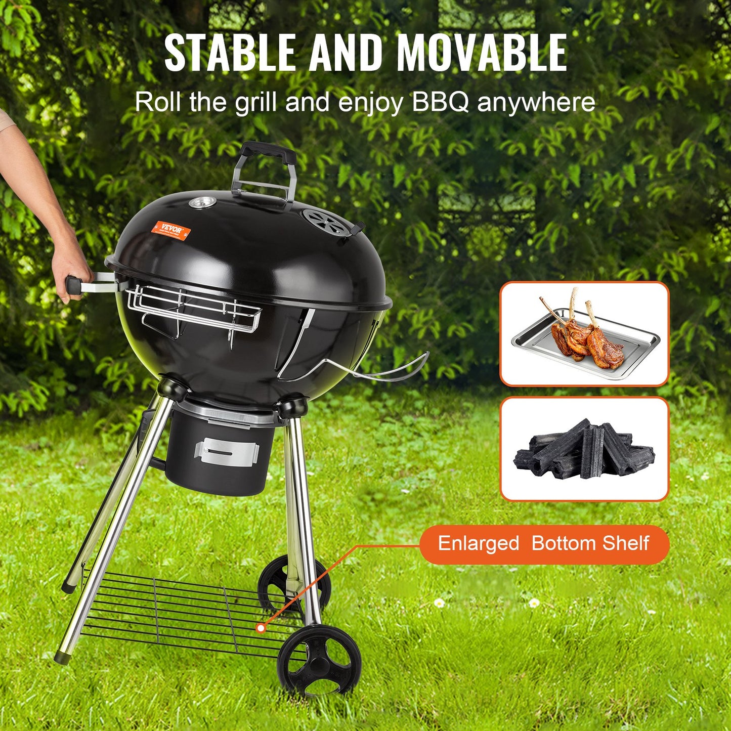 VEVOR 22" Kettle Charcoal Grill, Premium Kettle Grill with Wheels Grate and Cover, Porcelain-Enameled Lid and Firebowl with Slide Out Ash Catcher Thermometer for BBQ, Picnic, Patio and Backyard