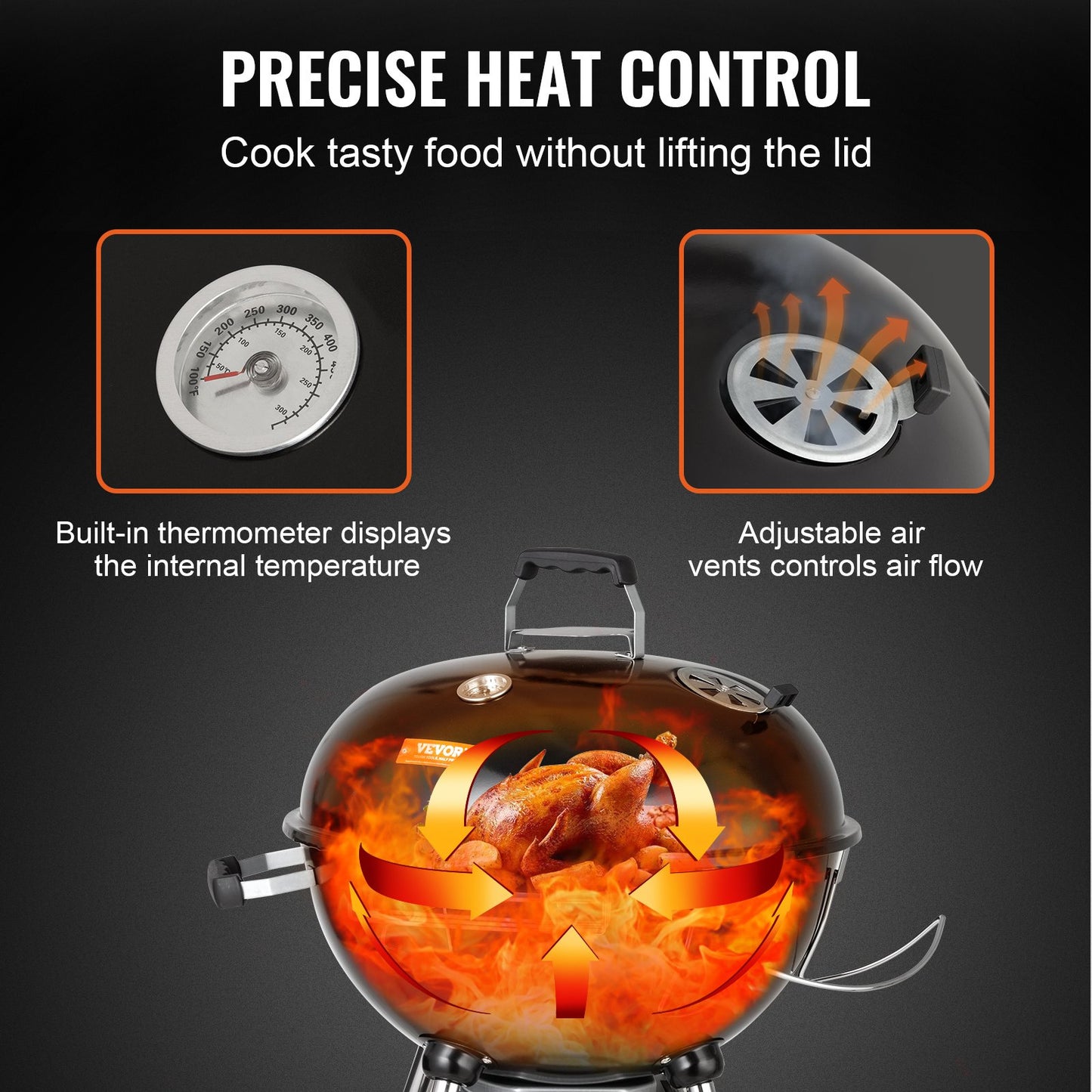VEVOR 22" Kettle Charcoal Grill, Premium Kettle Grill with Wheels Grate and Cover, Porcelain-Enameled Lid and Firebowl with Slide Out Ash Catcher Thermometer for BBQ, Picnic, Patio and Backyard