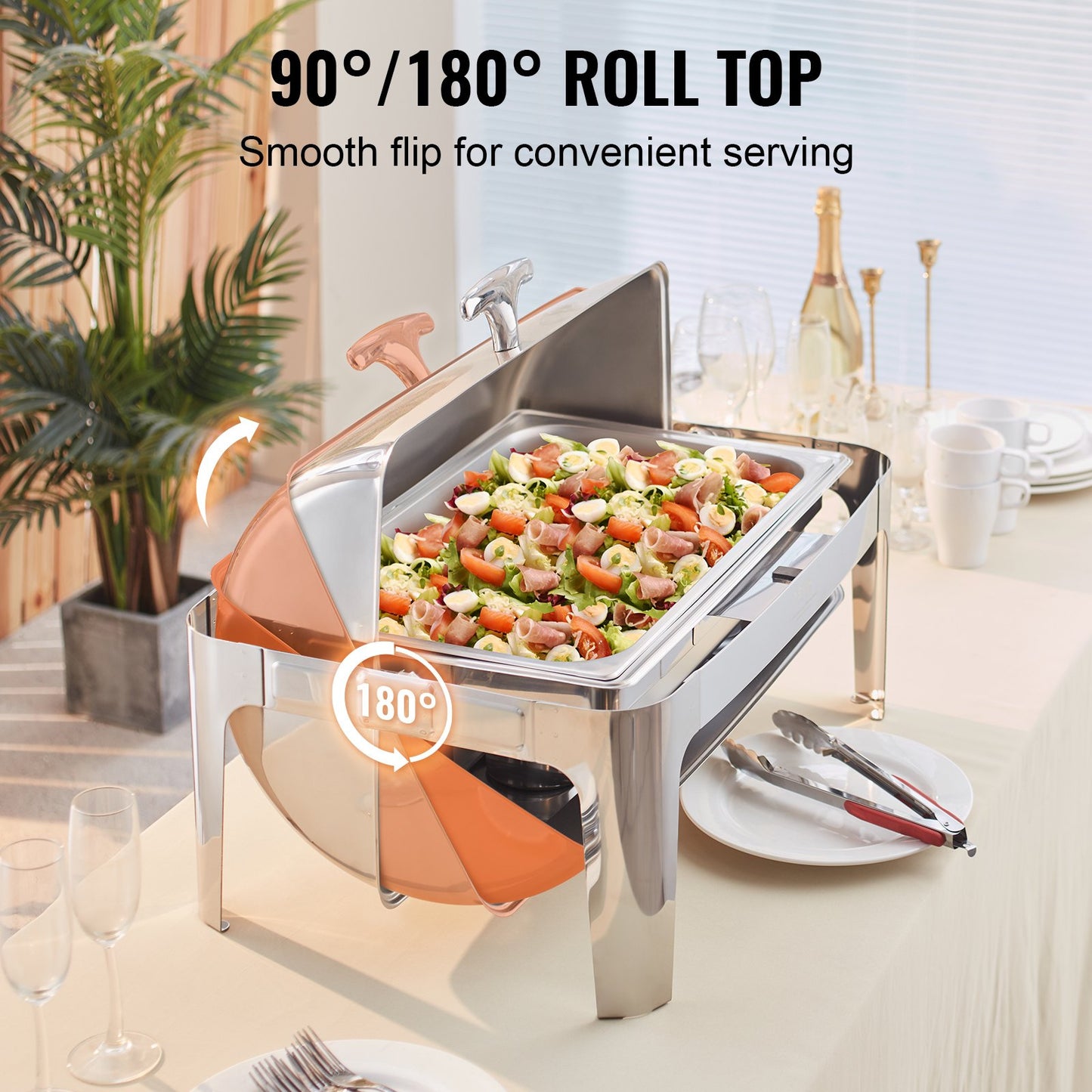 VEVOR Roll Top Chafing Dish Buffet Complete Set, 8 Qt Stainless Steel Chafer with Full Size Pan, Rectangle Catering Warmer Server with Lid Water Pan Stand Fuel Holder Meal Clip, for at Least 8 People