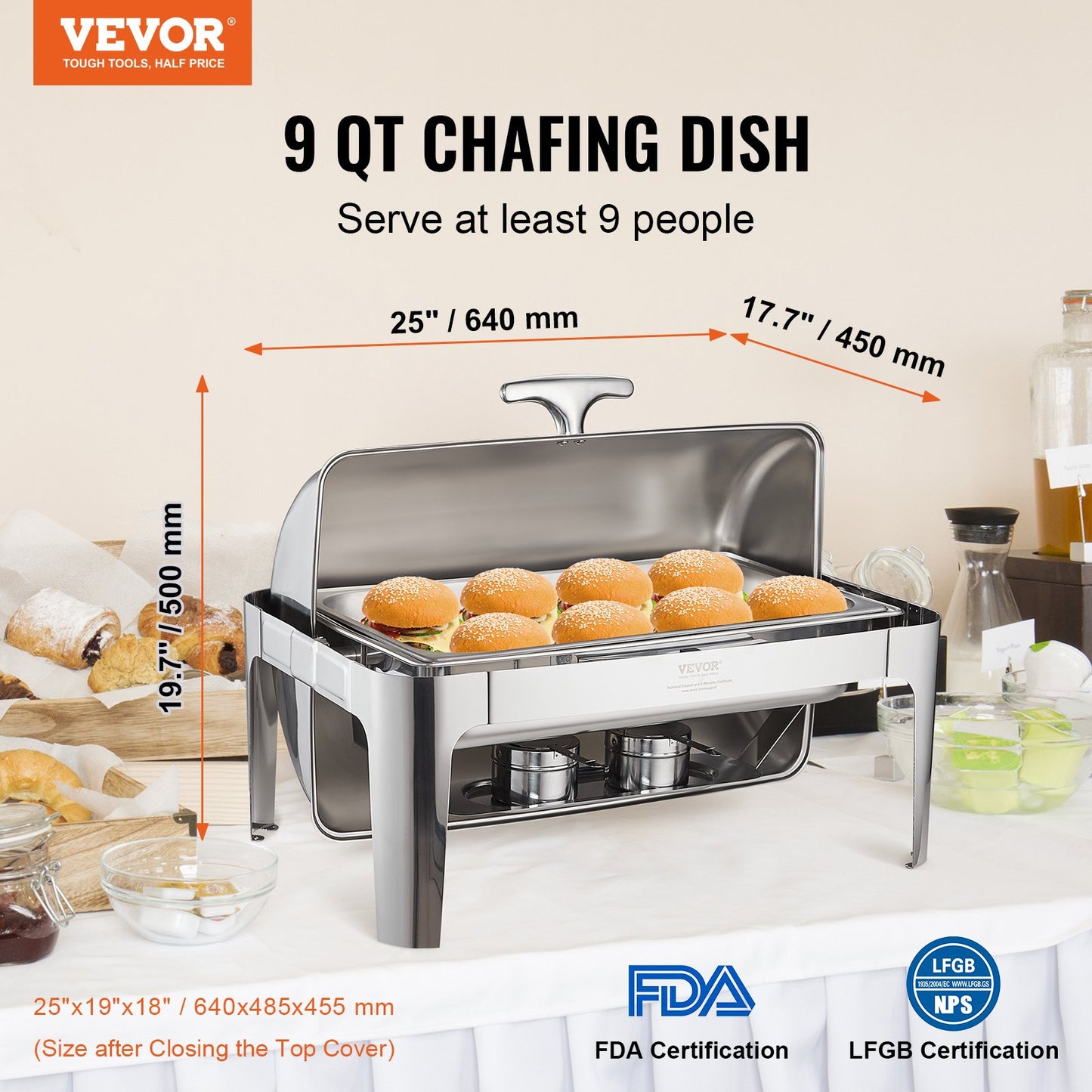 VEVOR Roll Top Chafing Dish Buffet Complete Set, 8 Qt Stainless Steel Chafer with Full Size Pan, Rectangle Catering Warmer Server with Lid Water Pan Stand Fuel Holder Meal Clip, for at Least 8 People