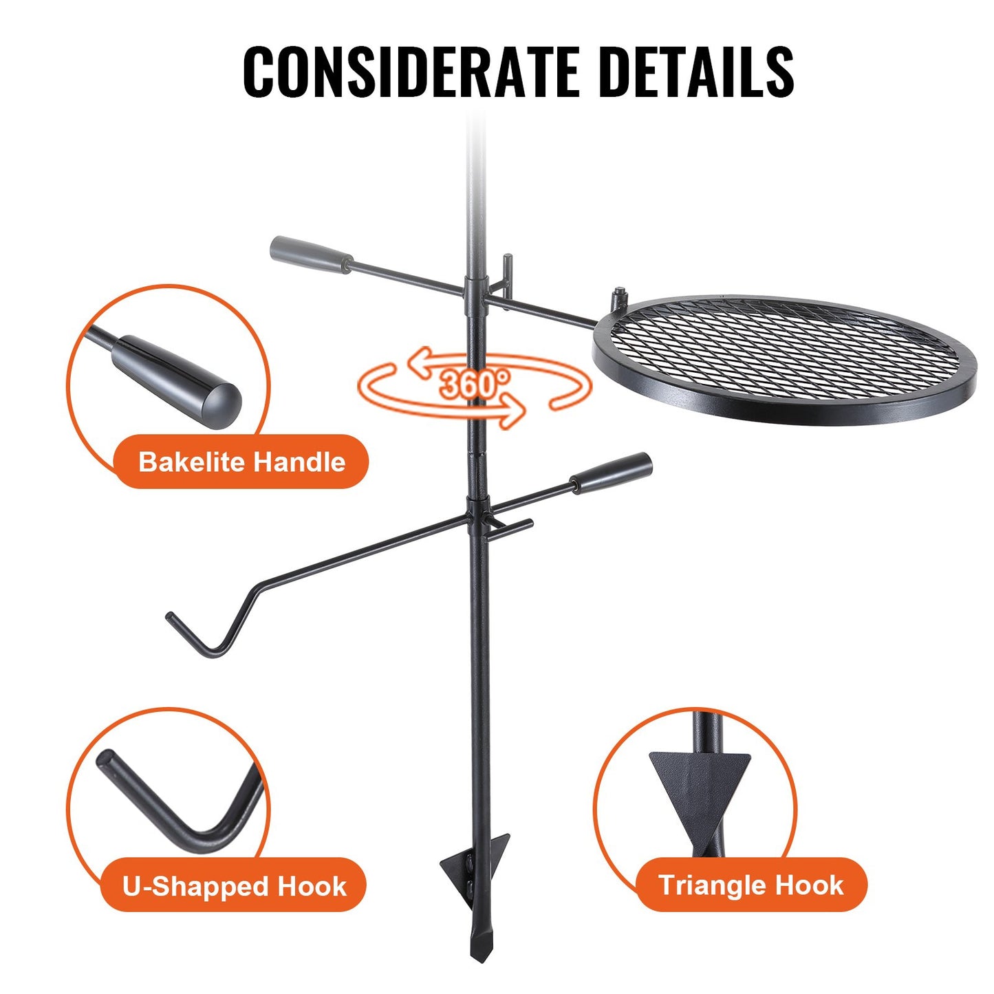 VEVOR Swivel Campfire Grill, Fire Pit Grill Grate over Fire Pits, Heavy Duty Steel Grill Grates, 360° Adjustable Open Fire Outdoor Cooking Equipment, Portable Camp Fire Racks for Camping Outdoor BBQ