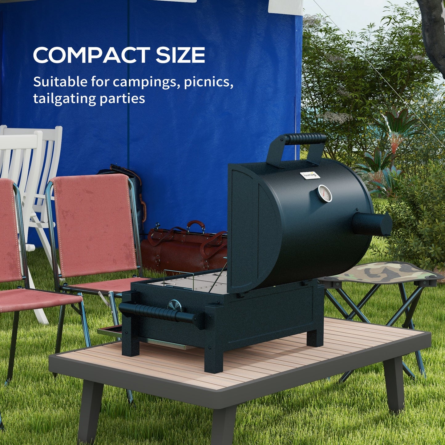 Outsunny Charcoal BBQ Grill with 235 sq.in. Cooking Area, Tabletop Outdoor Barbecue with Ash Catcher and Built-in Thermometer for Patio, Backyard, Camping, Picnic, Black
