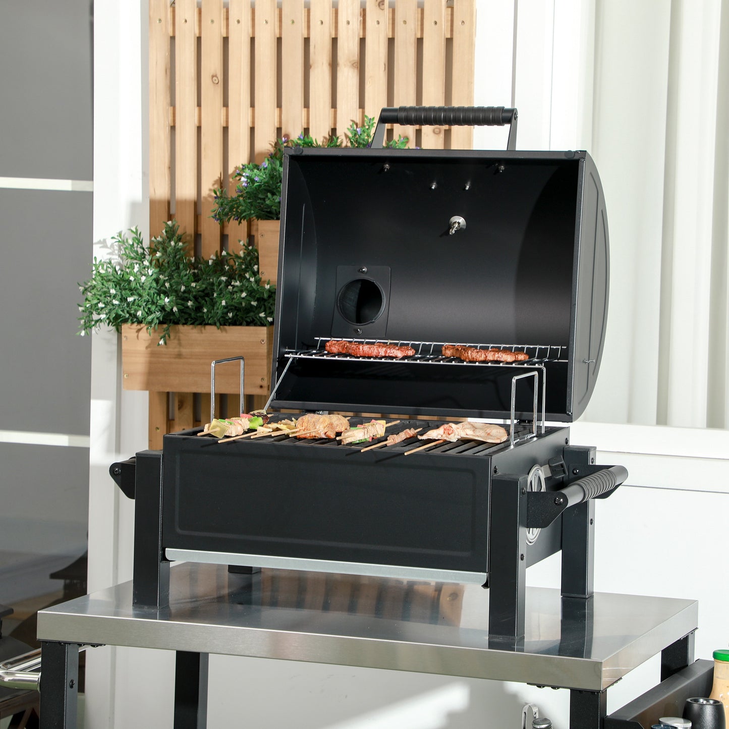Outsunny Charcoal BBQ Grill with 235 sq.in. Cooking Area, Tabletop Outdoor Barbecue with Ash Catcher and Built-in Thermometer for Patio, Backyard, Camping, Picnic, Black