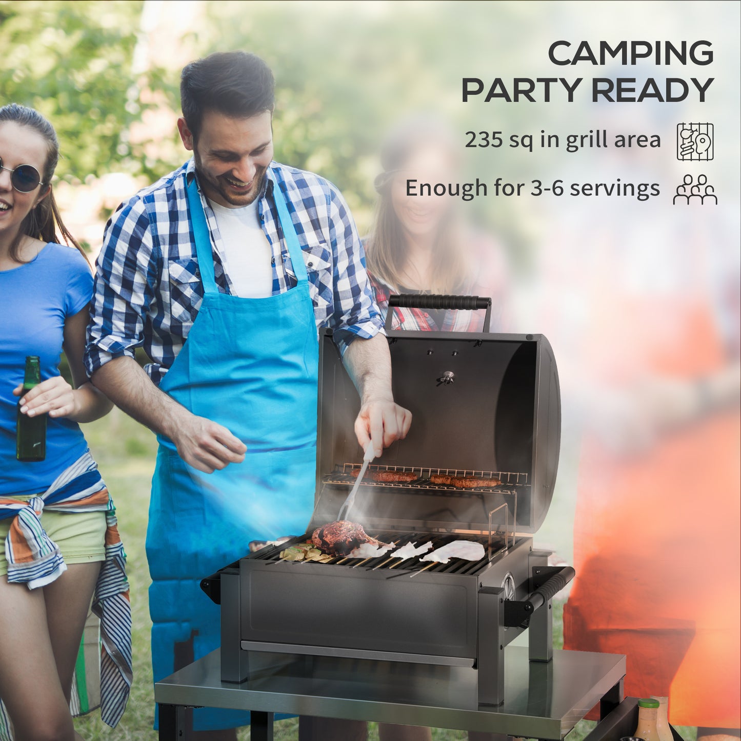 Outsunny Charcoal BBQ Grill with 235 sq.in. Cooking Area, Tabletop Outdoor Barbecue with Ash Catcher and Built-in Thermometer for Patio, Backyard, Camping, Picnic, Black