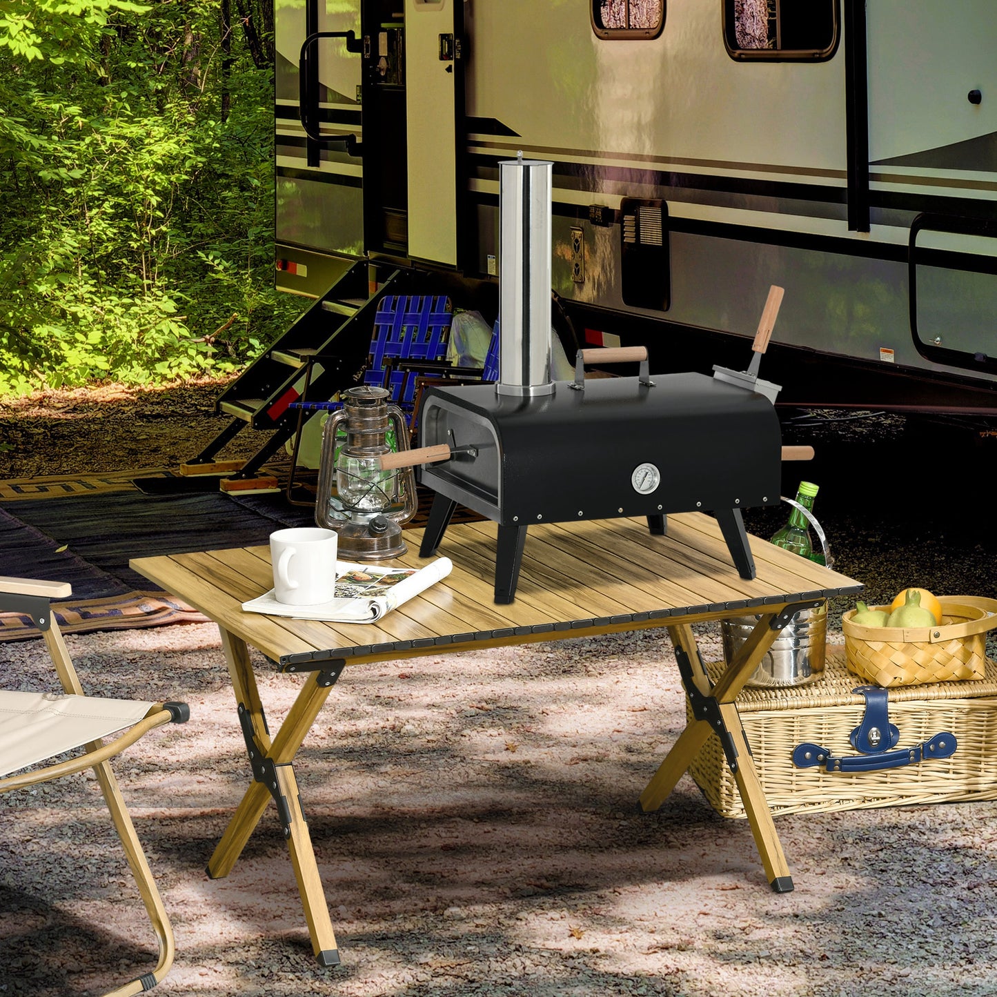 Outsunny Outdoor Pizza Oven with 12" Stone, Peel and Cover, Portable Pellet Wood Fired Pizza Maker with Foldable Legs, Stainless Steel Pizza Grill for Outside, Backyard, Outdoor Kitchen