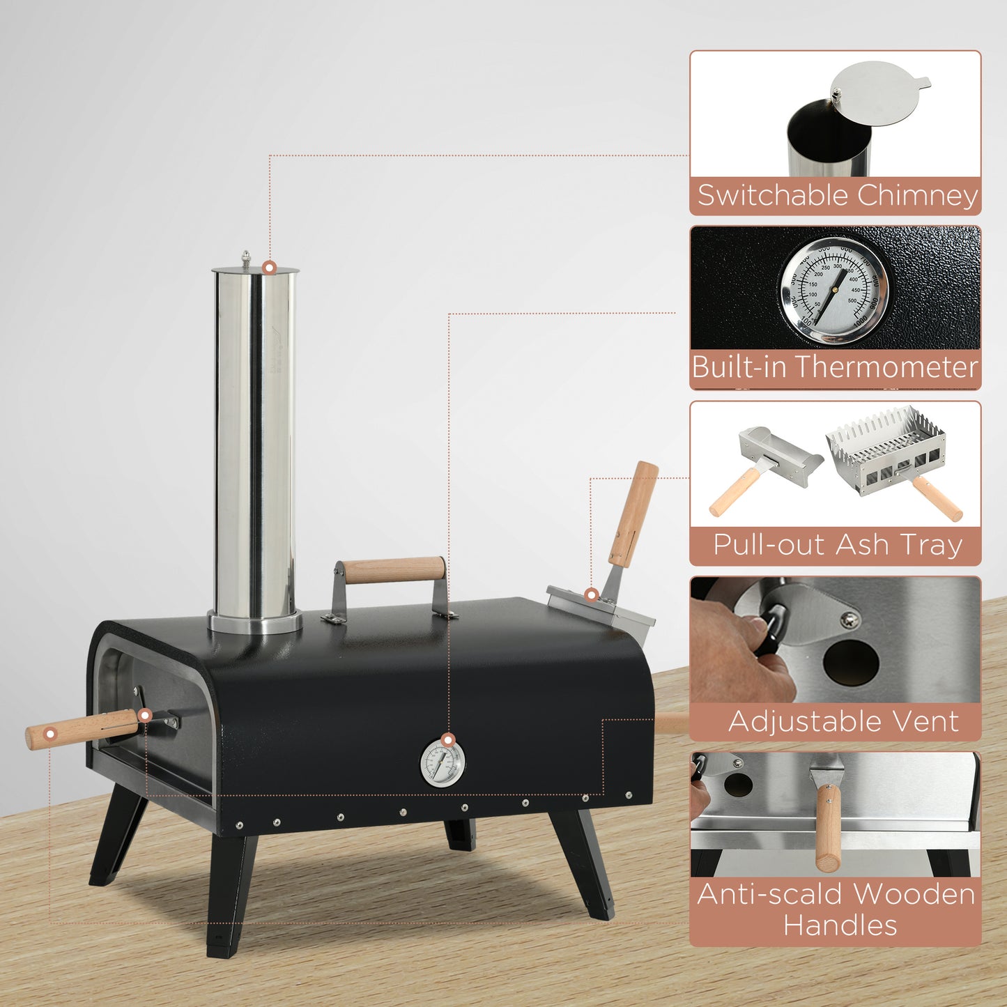 Outsunny Outdoor Pizza Oven with 12" Stone, Peel and Cover, Portable Pellet Wood Fired Pizza Maker with Foldable Legs, Stainless Steel Pizza Grill for Outside, Backyard, Outdoor Kitchen