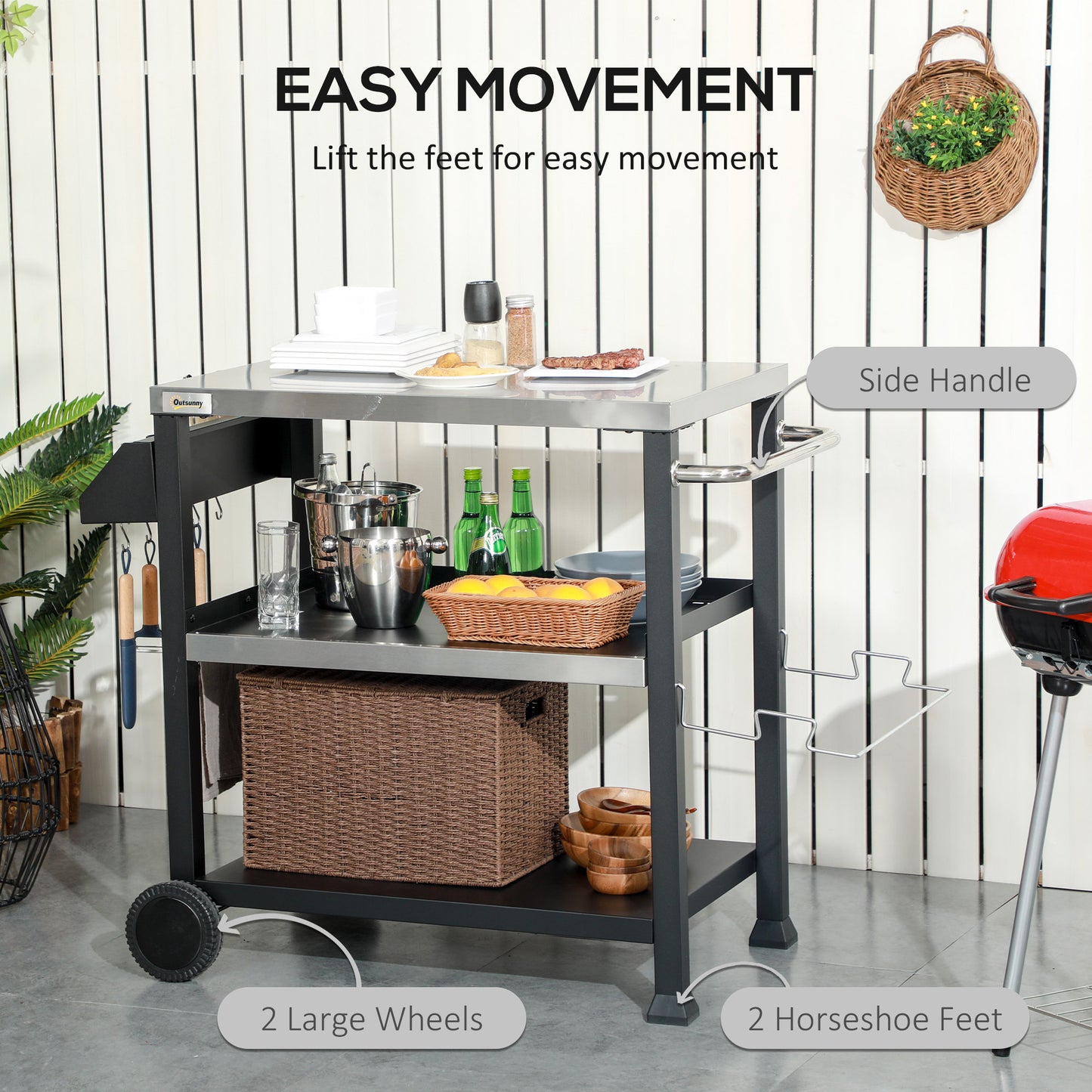 Outsunny Three-Shelf Outdoor Grill Cart with Stainless Steel Tabletop, Side Handle, 32" x 20.5" Multifunctional Pizza Oven Stand, Movable Food Prep Table on Wheels, Black