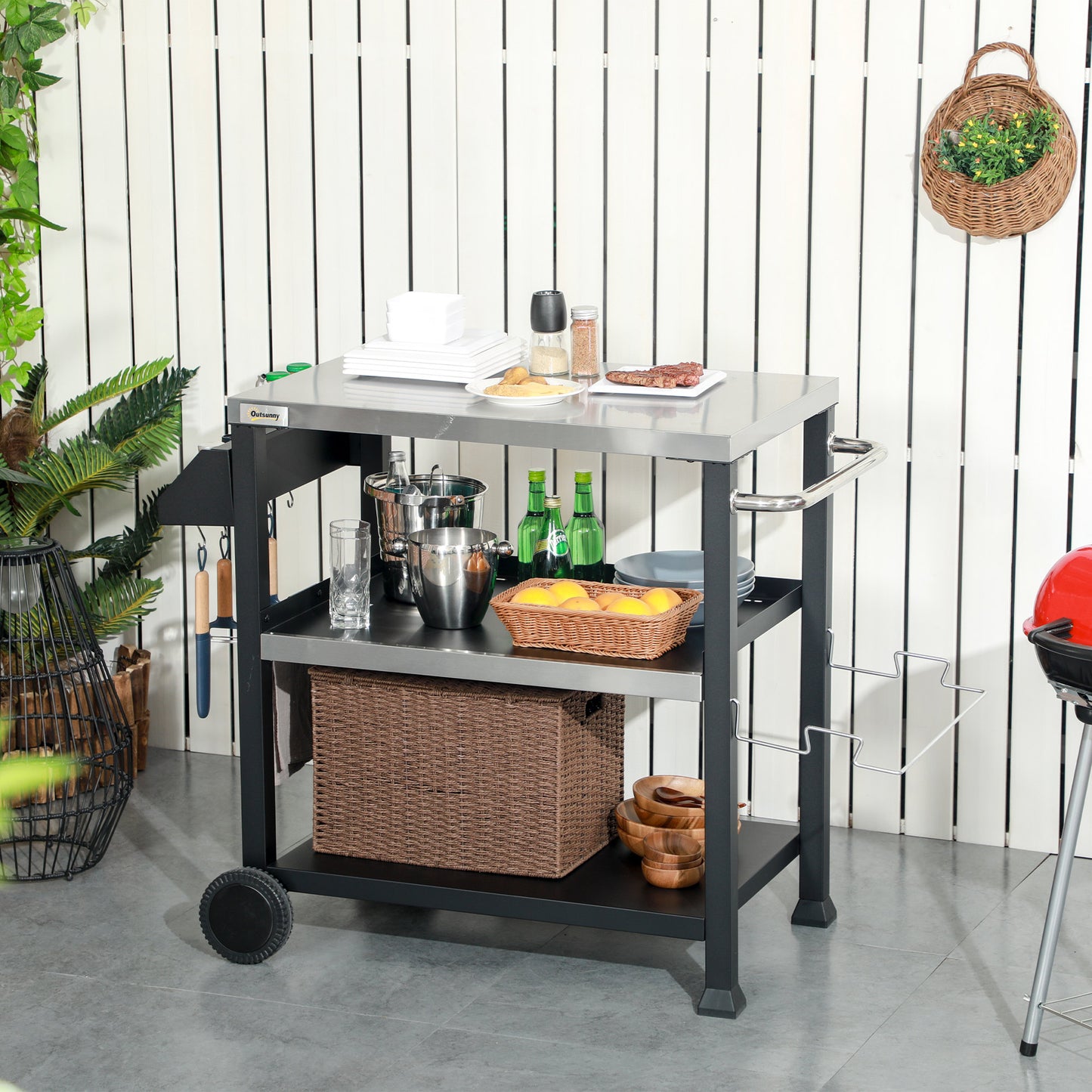 Outsunny Three-Shelf Outdoor Grill Cart with Stainless Steel Tabletop, Side Handle, 32" x 20.5" Multifunctional Pizza Oven Stand, Movable Food Prep Table on Wheels, Black
