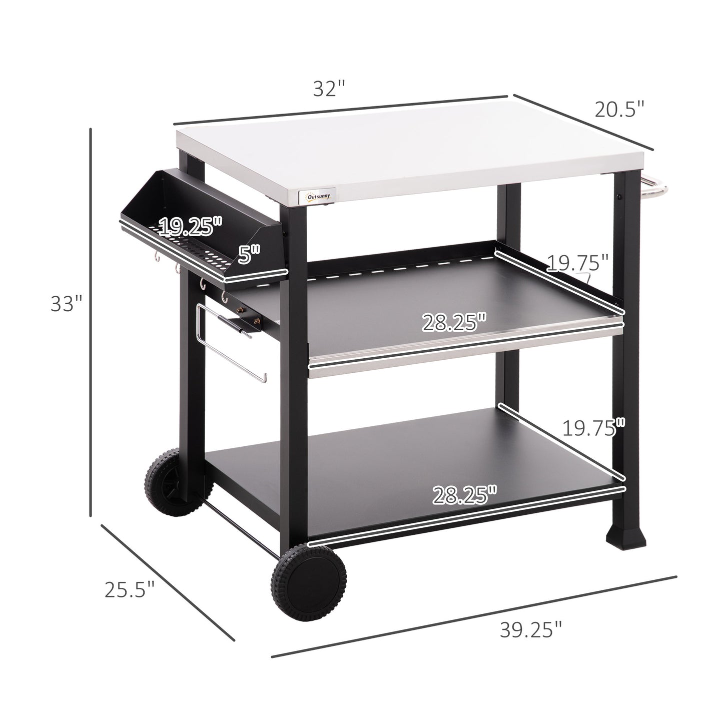 Outsunny Three-Shelf Outdoor Grill Cart with Stainless Steel Tabletop, Side Handle, 32" x 20.5" Multifunctional Pizza Oven Stand, Movable Food Prep Table on Wheels, Black