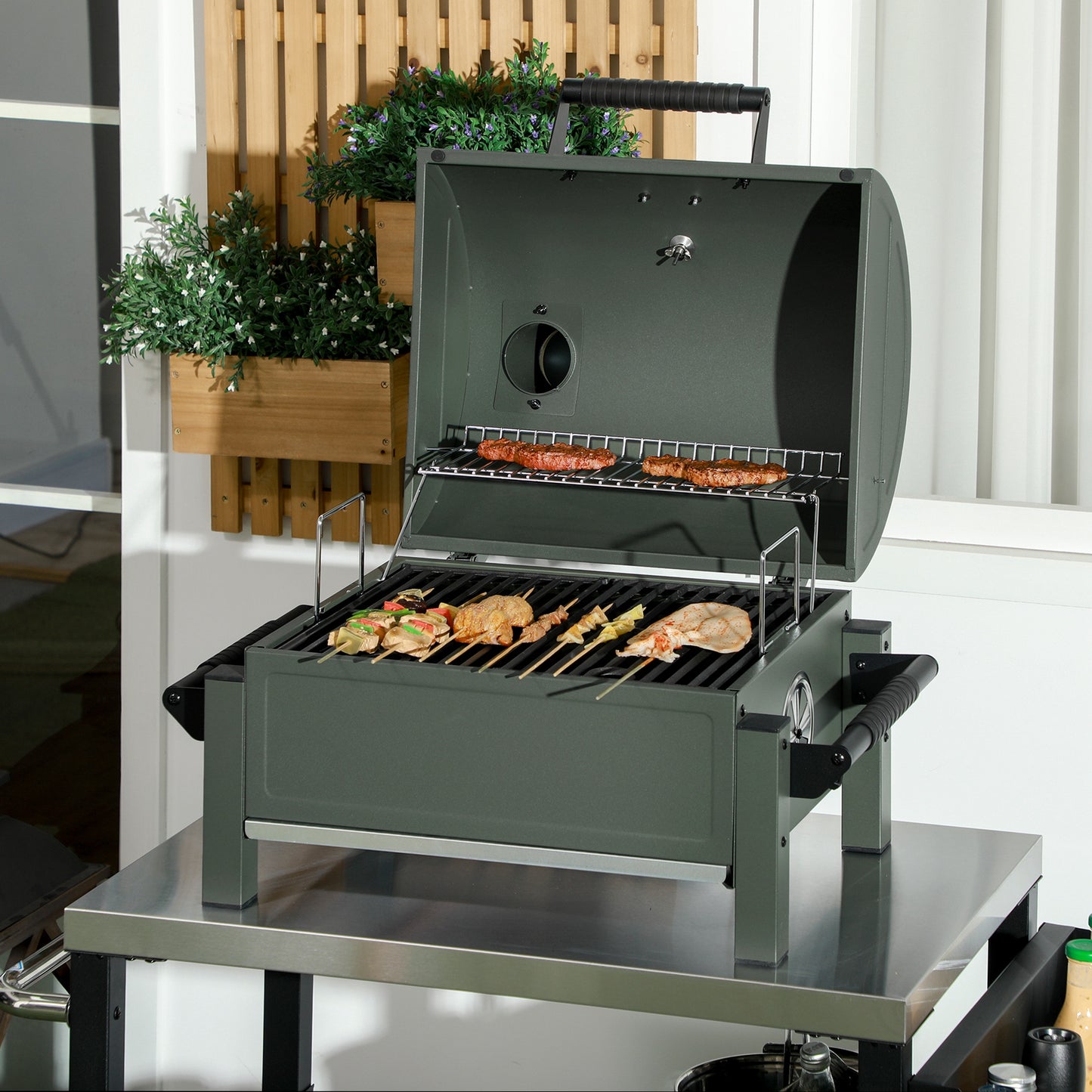 Outsunny Charcoal BBQ Grill with 235 sq.in. Cooking Area, Tabletop Outdoor Barbecue with Ash Catcher and Built-in Thermometer for Patio, Backyard, Camping, Picnic, Dark Green