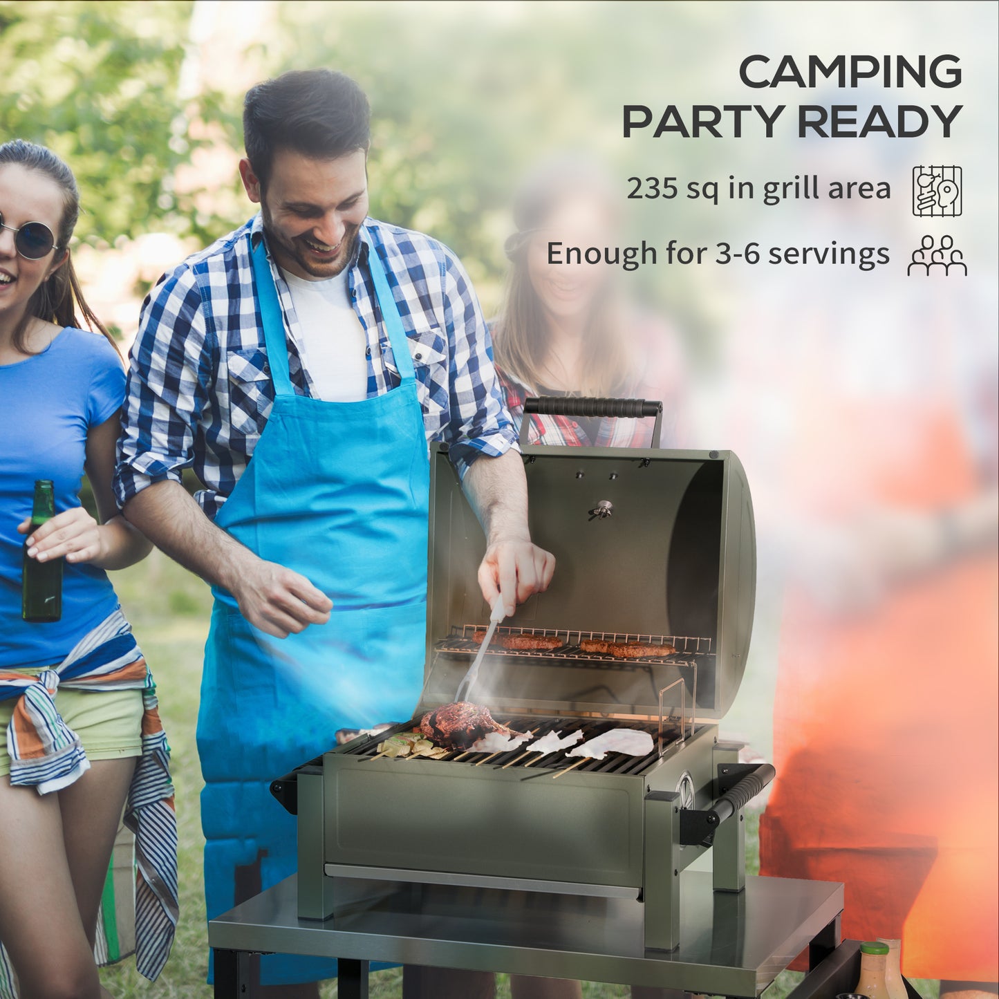 Outsunny Charcoal BBQ Grill with 235 sq.in. Cooking Area, Tabletop Outdoor Barbecue with Ash Catcher and Built-in Thermometer for Patio, Backyard, Camping, Picnic, Dark Green