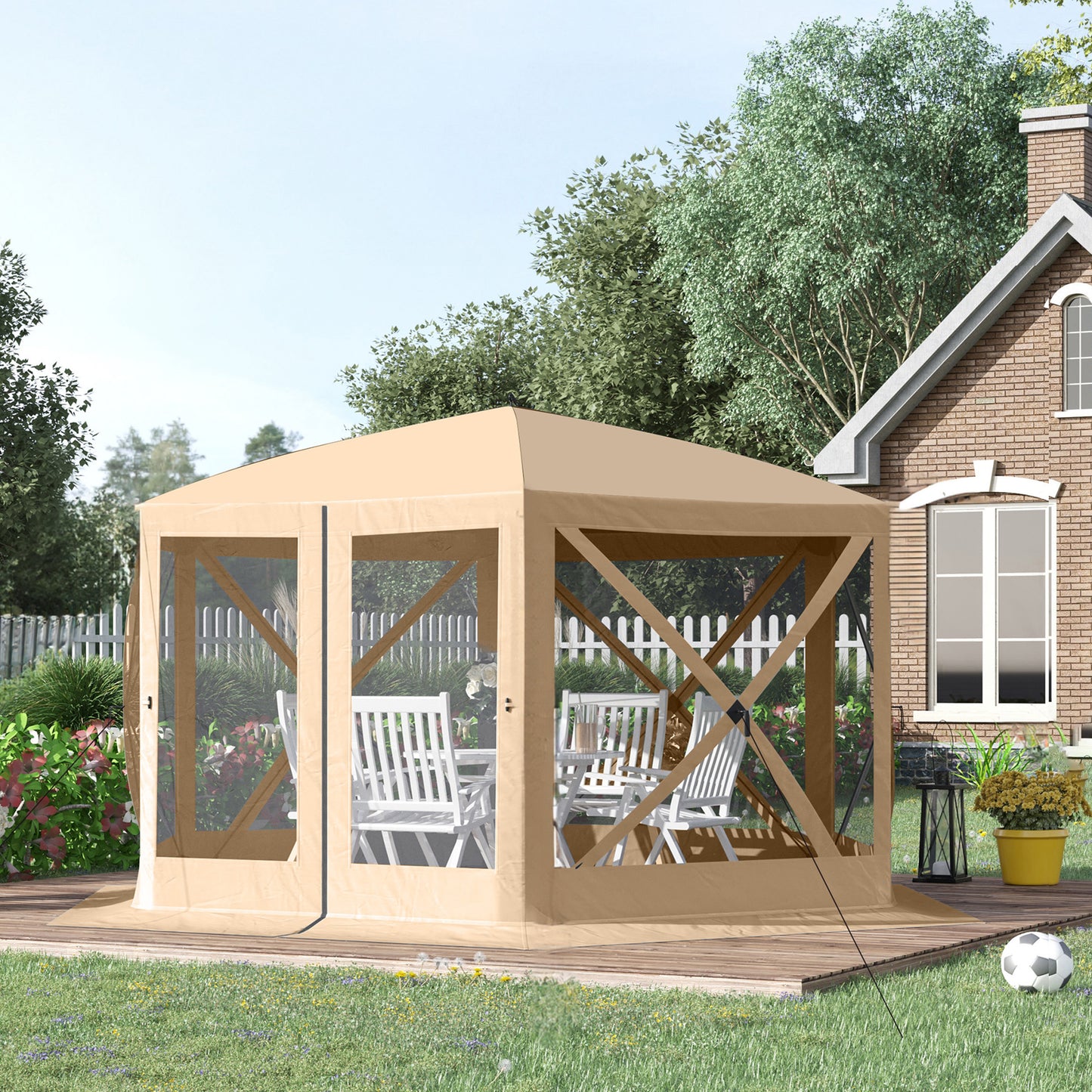 Outsunny 12' x 12' Hexagon Screen House, Pop Up Tent Portable Gazebo Canopy Shelter with Mesh Netting Walls, Carry Bag and Shaded Interior, Beige