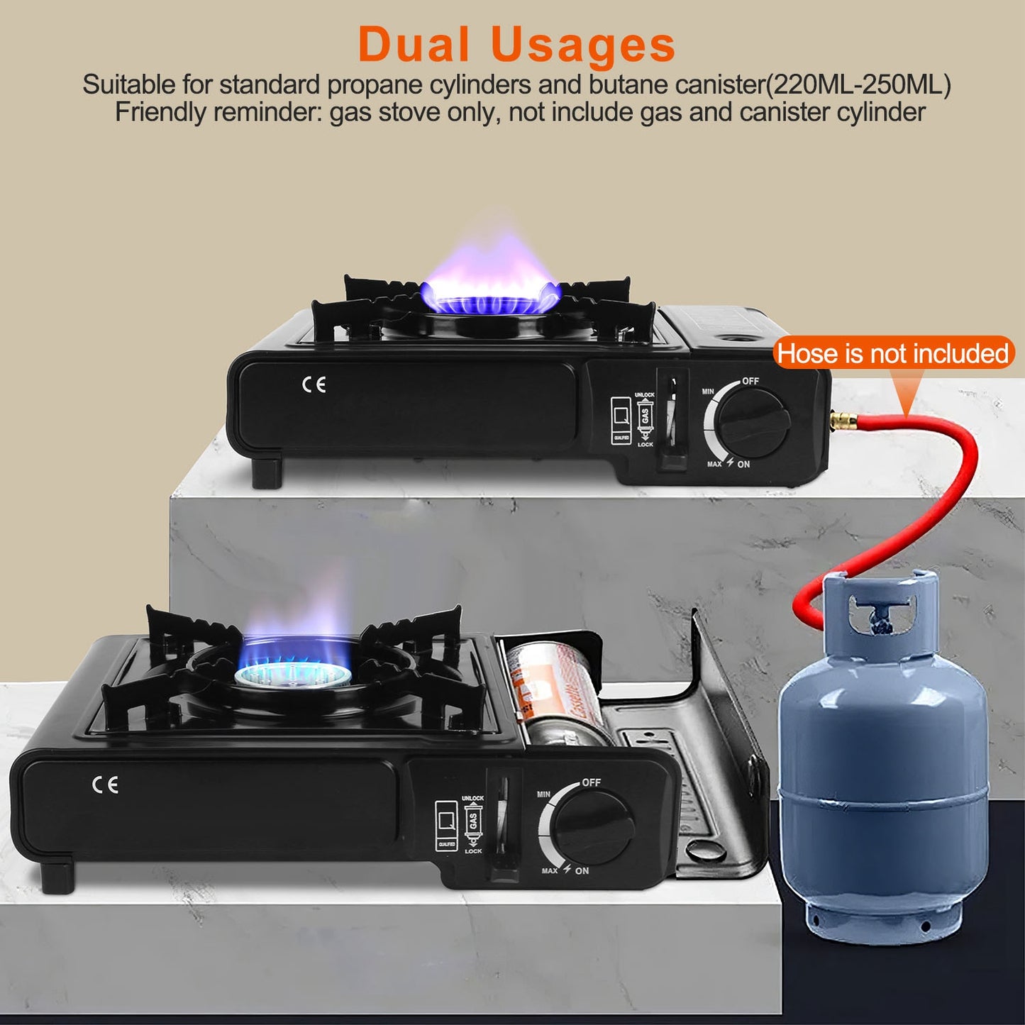 3300W Portable Camping Stove Butane Canister Dual Fuel Burner Piezo Electric Ignition Single Burner with Automatic Tank Ejection Overpressure Cut Off Carry Case