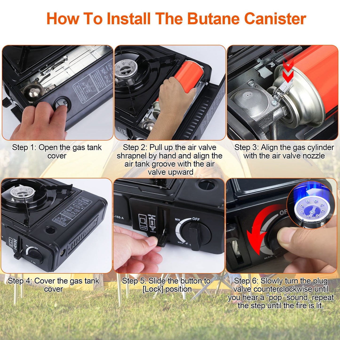 3300W Portable Camping Stove Butane Canister Dual Fuel Burner Piezo Electric Ignition Single Burner with Automatic Tank Ejection Overpressure Cut Off Carry Case