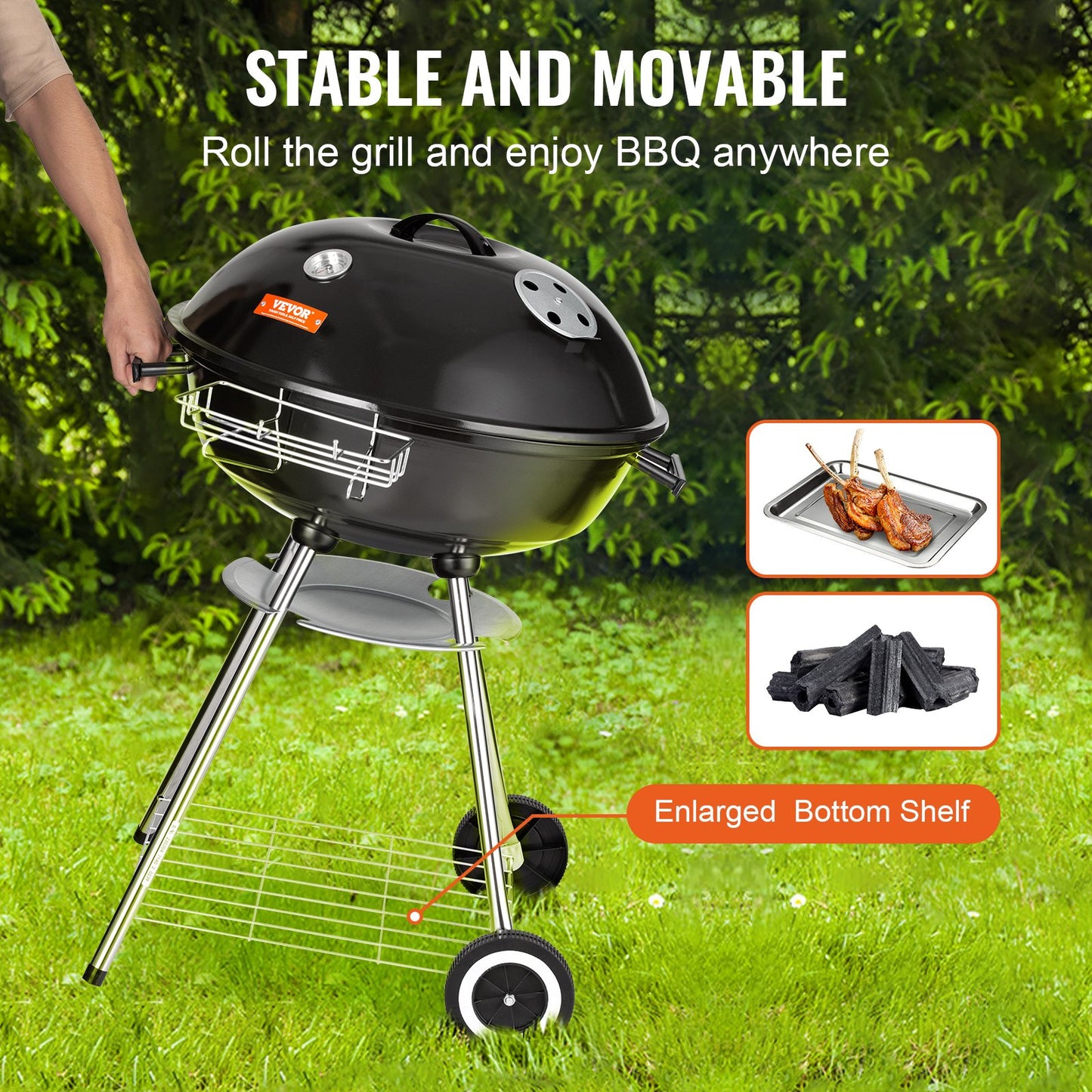 VEVOR 22 inch Kettle Charcoal Grill, Premium Kettle Grill with Wheels and Cover, Porcelain-Enameled Lid and Ash Catcher & Thermometer for BBQ, Round Barbecue Grill Outdoor Cooking, Patio and Backyard