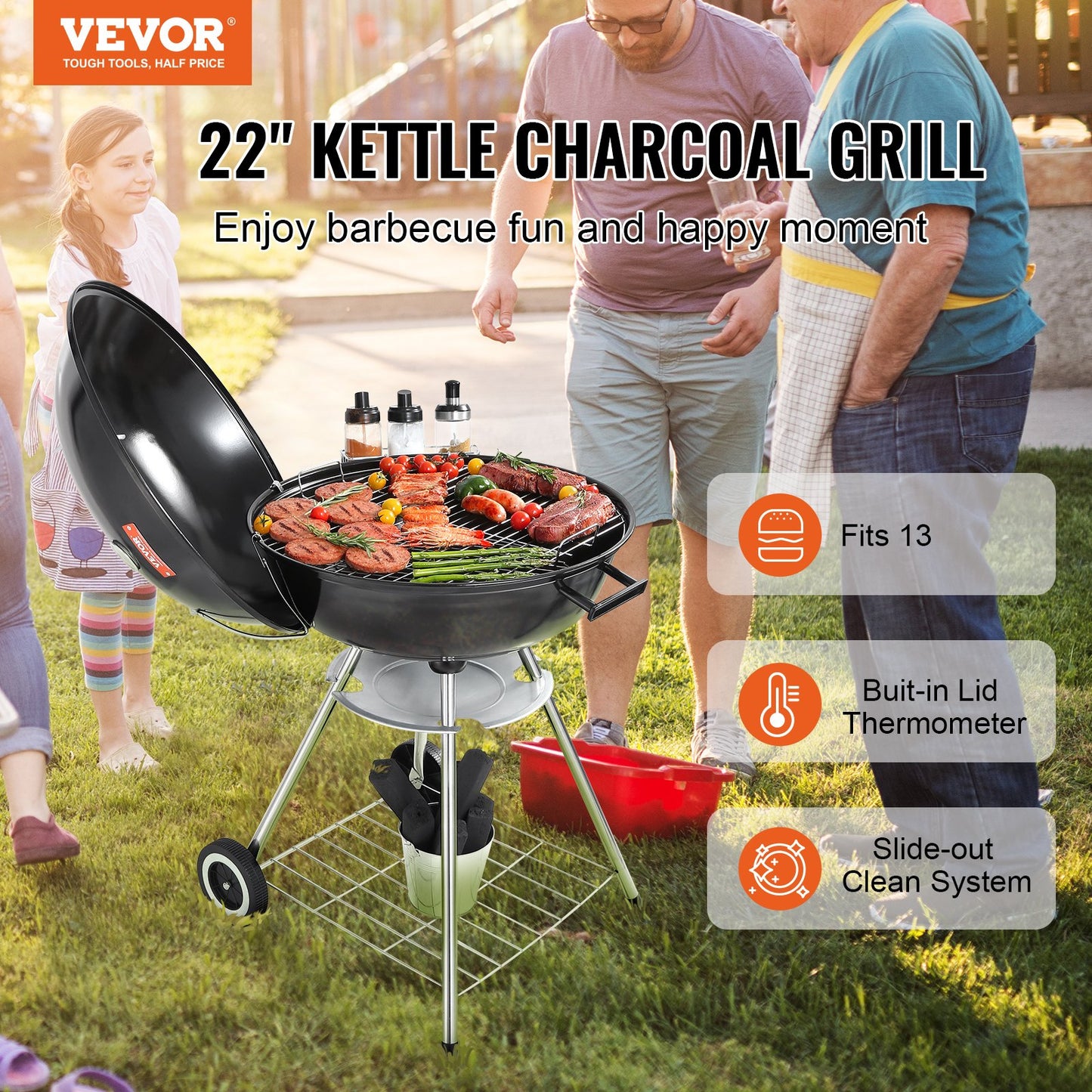 VEVOR 22 inch Kettle Charcoal Grill, Premium Kettle Grill with Wheels and Cover, Porcelain-Enameled Lid and Ash Catcher & Thermometer for BBQ, Round Barbecue Grill Outdoor Cooking, Patio and Backyard