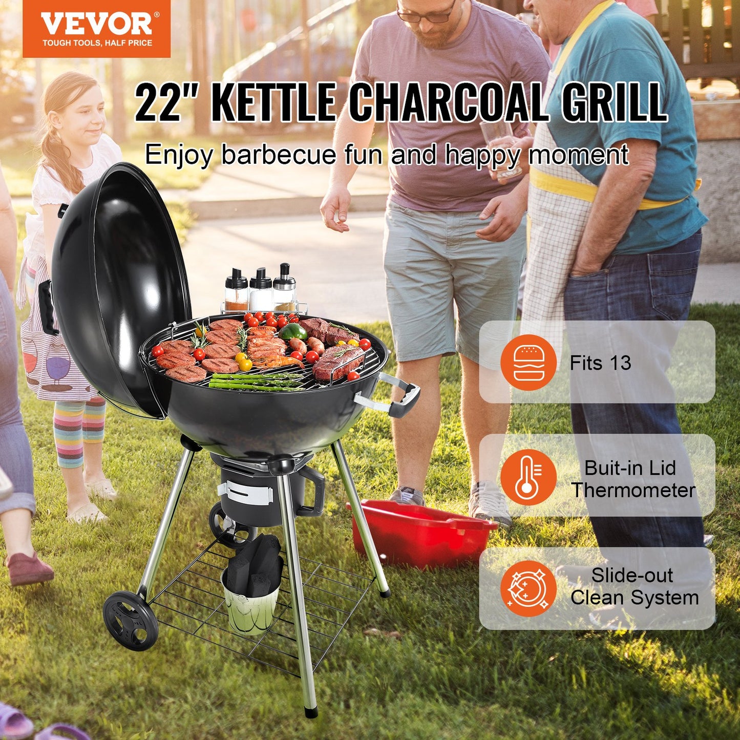 VEVOR 22" Kettle Charcoal Grill, Premium Kettle Grill with Wheels Grate and Cover, Porcelain-Enameled Lid and Firebowl with Slide Out Ash Catcher Thermometer for BBQ, Picnic, Patio and Backyard
