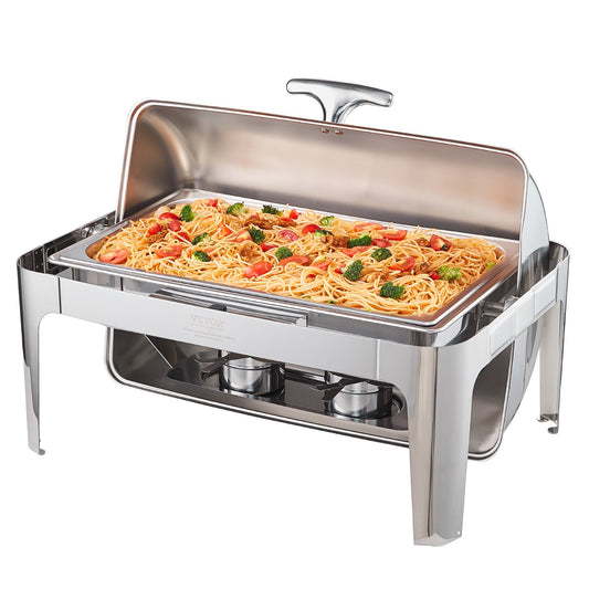 VEVOR Roll Top Chafing Dish Buffet Complete Set, 8 Qt Stainless Steel Chafer with Full Size Pan, Rectangle Catering Warmer Server with Lid Water Pan Stand Fuel Holder Meal Clip, for at Least 8 People