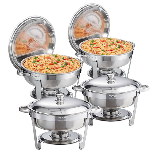 VEVOR Chafing Dish Buffet Set, 6 Qt 4 Pack, Stainless Steel Chafer with Full Size Pan, Round Catering Warmer Server with Lid Water Pan Stand Fuel Holder Cover Holder Spoon, for at Least 6 People Each