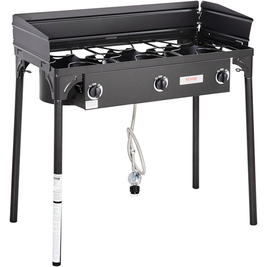 VEVOR Triple Burner Outdoor Camping Stove, 90,000-BTU Camping Modular Cooking Stove, Heavy Duty Carbon Steel Gas Cooker with Detachable Legs Stand & PSI Regulator, for BBQ Home Camp Patio RV Cooking