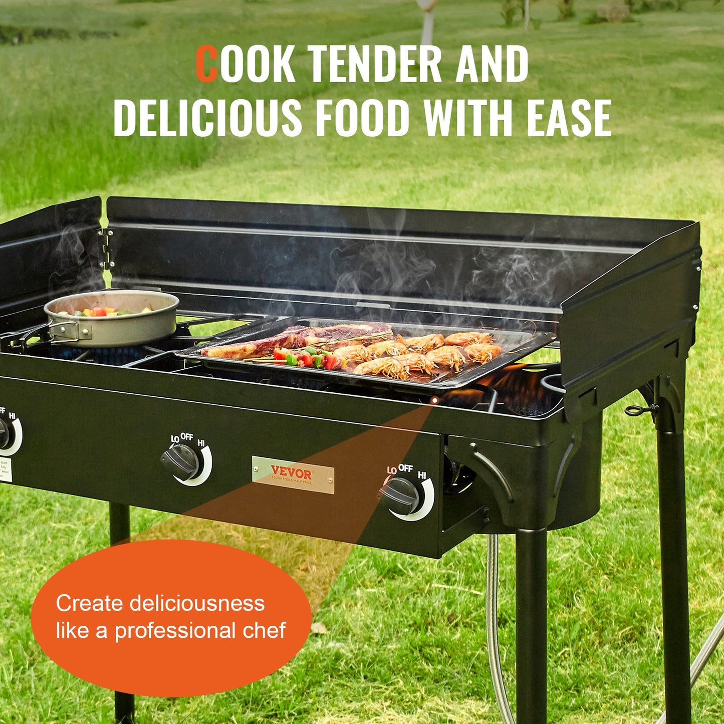 VEVOR Triple Burner Outdoor Camping Stove, 90,000-BTU Camping Modular Cooking Stove, Heavy Duty Carbon Steel Gas Cooker with Detachable Legs Stand & PSI Regulator, for BBQ Home Camp Patio RV Cooking