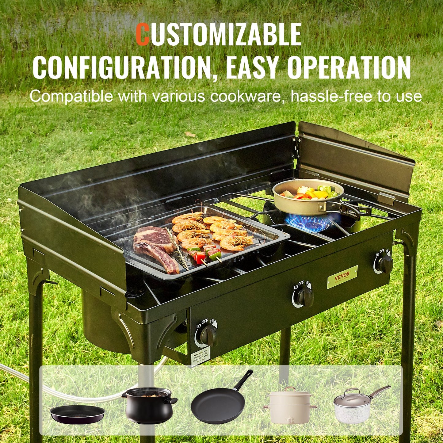 VEVOR Triple Burner Outdoor Camping Stove, 90,000-BTU Camping Modular Cooking Stove, Heavy Duty Carbon Steel Gas Cooker with Detachable Legs Stand & PSI Regulator, for BBQ Home Camp Patio RV Cooking