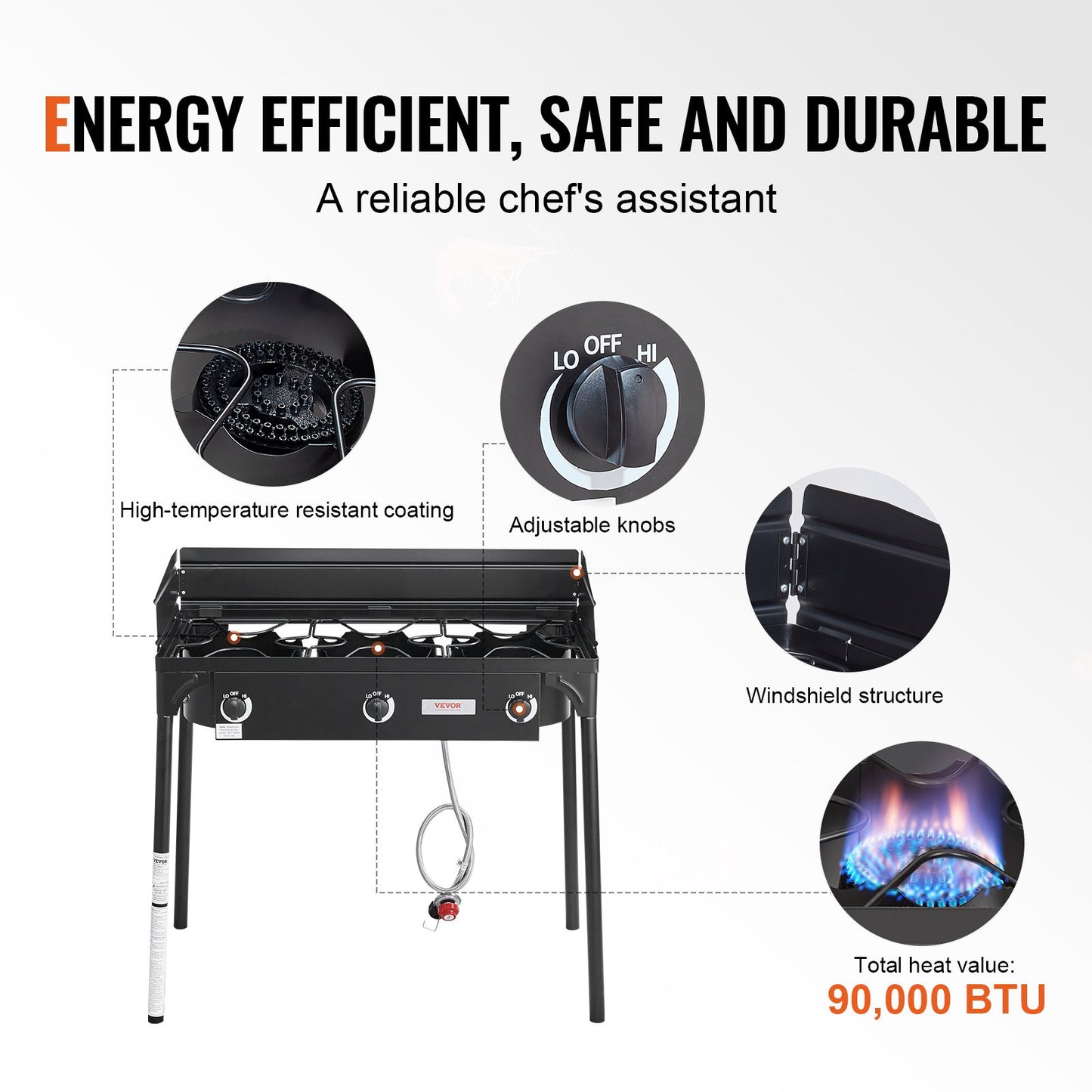 VEVOR Triple Burner Outdoor Camping Stove, 90,000-BTU Camping Modular Cooking Stove, Heavy Duty Carbon Steel Gas Cooker with Detachable Legs Stand & PSI Regulator, for BBQ Home Camp Patio RV Cooking