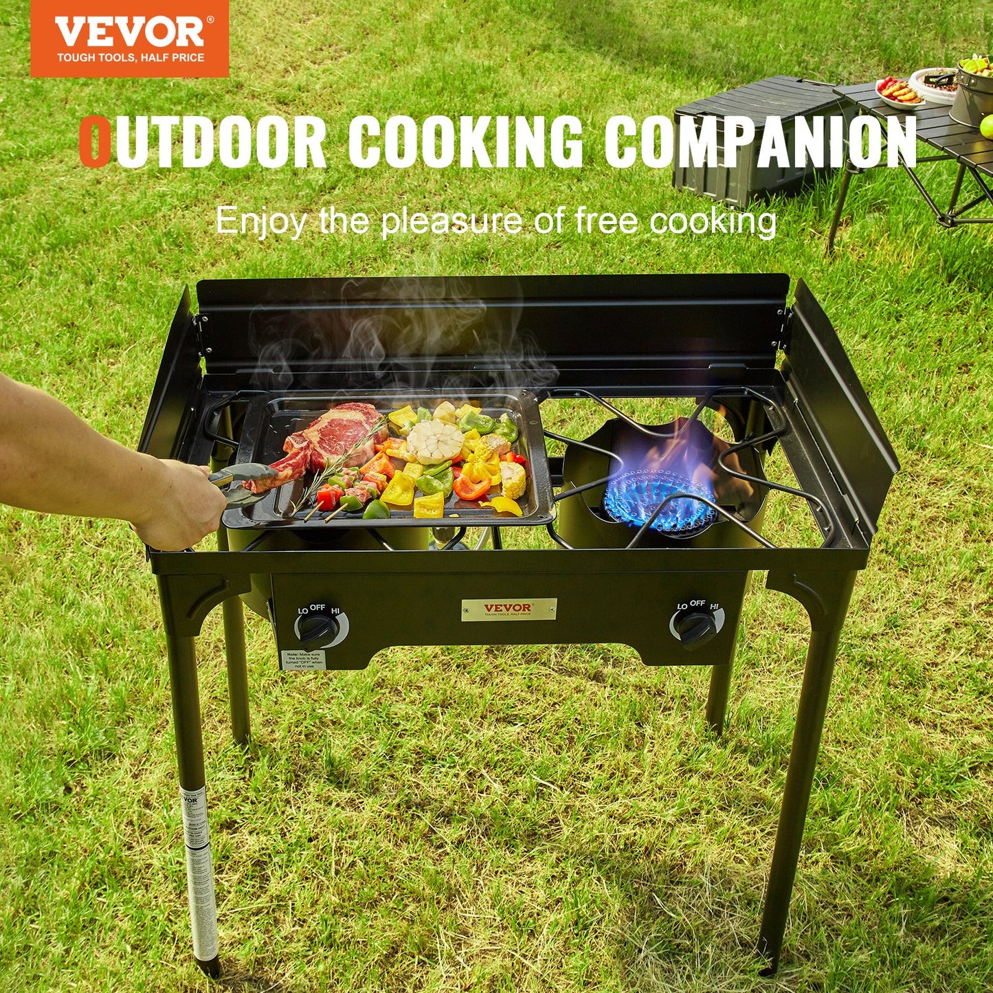 VEVOR Double Burner Outdoor Camping Stove, 60,000-BTU Camping Modular Cooking Stove, Heavy Duty Carbon Steel Gas Cooker with Windscreen & Detachable Legs Stand & PSI Regulator, for BBQ Camp Patio RV